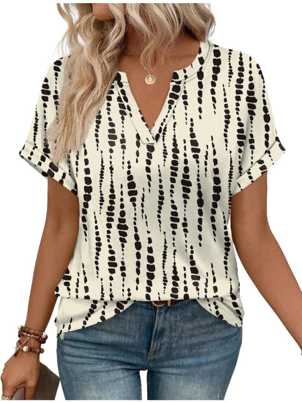 Women's T-Shirts Black Spot V Neck Short Sleeve Casual Dressy Summer Comfort